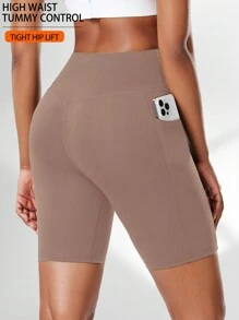 女士高腰瑜伽短裤带侧袋户外健身跑步紧身裤压缩运动短裤 - 粉色 - 查看 5