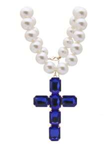 Retro Oversized Pearl Necklace With Big Glass Cross Pendant, Fashion Jewelry For Women, Christmas Gift