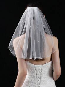 40cm Short White Bridal Veil With Pearls, Women's Party, Photo Shoot, Bachelorette, Registry, Vintage Minimalist Elegant Headpiece - 40cm Lock Edge Plus Diamond - View 3