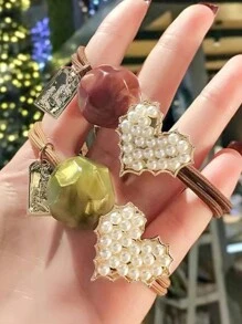 4pcs/8pcs/16pcs Women's Spring & Summer Heart-Shaped Pearl & English Letter Elastic Hair Ties, Elegant & Chic Street Style, Made Of Polyester Fiber (Polyester) Pearl, Spring & Summer - Multicolor - View 4