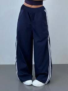 1pc Teen Girl Casual Loose Fit Outdoor Sports Yoga Straight-Leg Striped Pants, Spring/Autumn/Winter