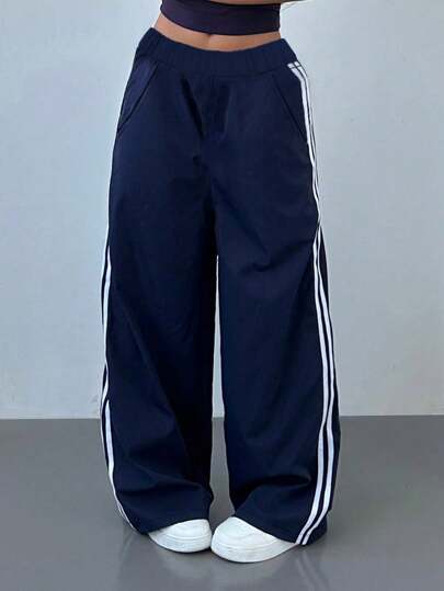 1pc Teen Girl Casual Loose Fit Outdoor Sports Yoga Straight-Leg Striped Pants, Spring/Autumn/Winter