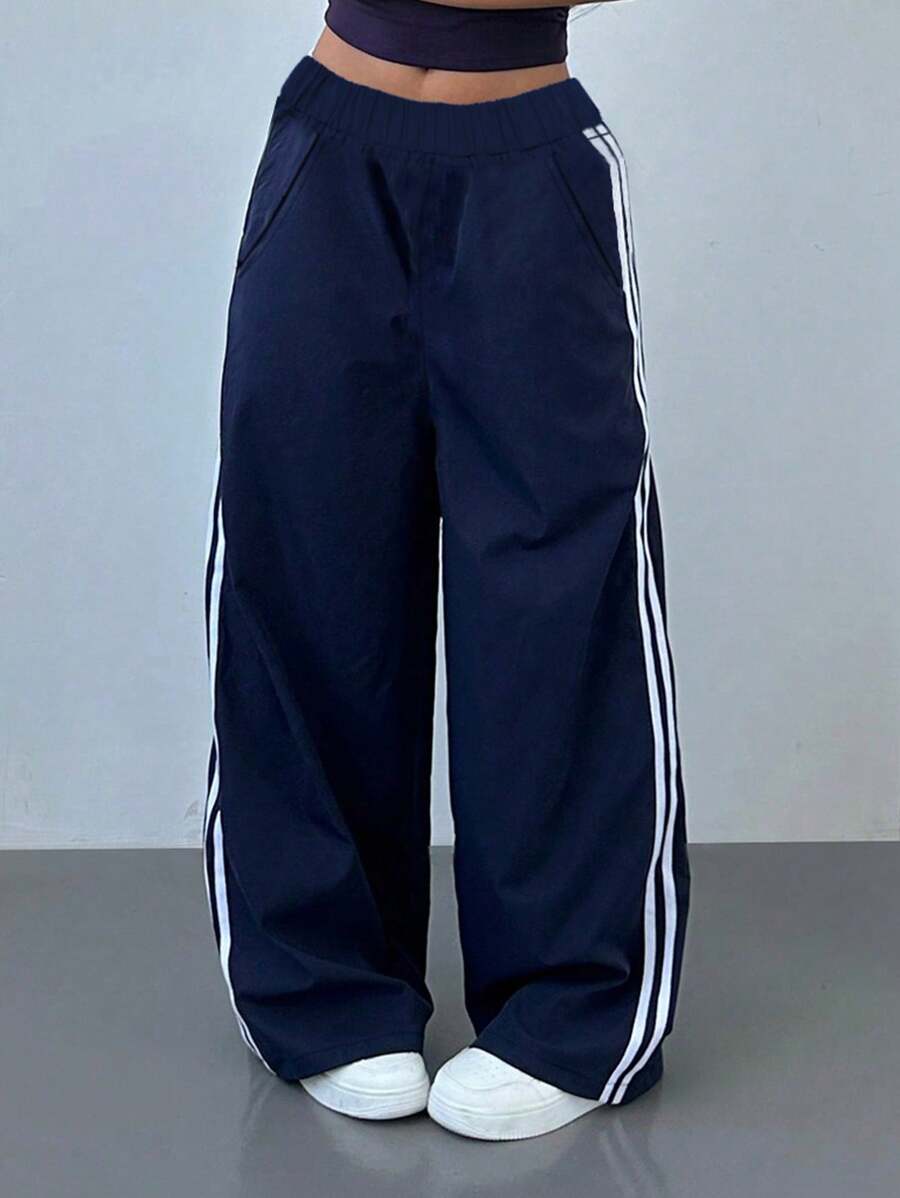 1pc Teen Girl Casual Loose Fit Outdoor Sports Yoga Straight-Leg Striped Pants, Spring/Autumn/Winter