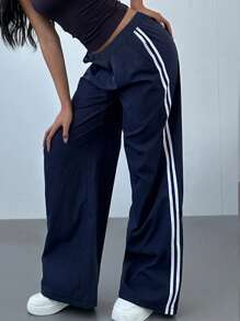 1pc Teen Girl Casual Loose Fit Outdoor Sports Yoga Straight-Leg Striped Pants, Spring/Autumn/Winter