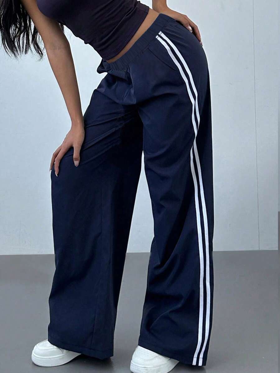 1pc Teen Girl Casual Loose Fit Outdoor Sports Yoga Straight-Leg Striped Pants, Spring/Autumn/Winter - 藍色 - 查看 1