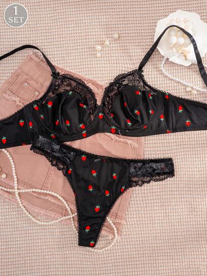 1 Conjunto de lencería para mujer de talla grande con estampado de fresa sólido, adorno de lazo y encaje, cómodo