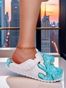 pueenb 女士新款时尚蜡染木屐，彩色卡通涂鸦印花透气凉鞋，户外海滩花园夏季鞋，防滑舒适平底圆头 EVA 材质，适合所有季节户外防滑鞋底 - 藍色 - 查看 4