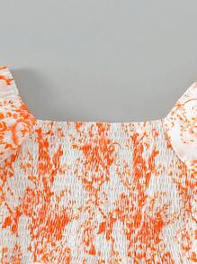 女童泡泡袖荷叶边花卉印花松紧腰公主裙，适合派对、海滩、度假、夏季