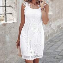 Women's Solid Color Minimalist Fitted Lace Patchwork Strap Casual Mini Dress - White - View 3