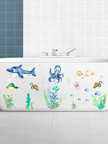 6 Sheets Marine Animals The Sea Wall Decals Ocean Fish Wall Stickers Watercolor Ocean Animal Jellyfish Turtle Whale Starfish Seaweed Wall Decor Ocean Themed DIY Removable Peel And Stick Wallpaper For Nursery Bathroom Home Bathroom Decor Bath Rug Floor Carpet Fall Decor Bathroom Accessories