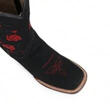 Botas Vaqueras para Mujer con Bordado Floral de Media Pantorrilla, Comodas en Piel de Res Autentica - Negro - Ver 6