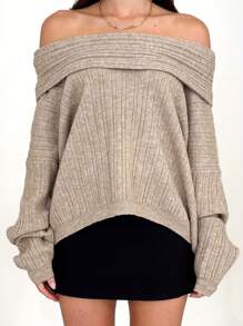 Women's Off Shoulder Sweaters Long Sleeve Solid Color Pullovers Ribbed Knit Tops - Khaki - View 1