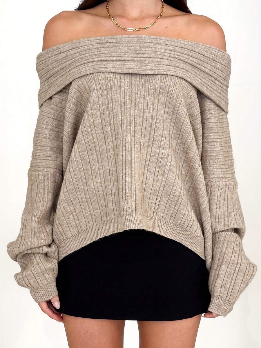 Women's Off Shoulder Sweaters Long Sleeve Solid Color Pullovers Ribbed Knit Tops - Khaki - View 1