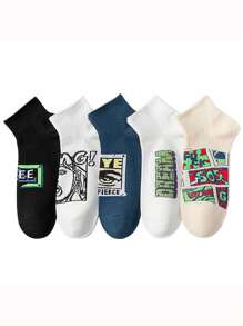 5 双适合所有季节的男士袜子多色字母卡通肖像趣味涂鸦时尚柔软透气运动街头日常休闲船袜 - 彩色 - 查看 5