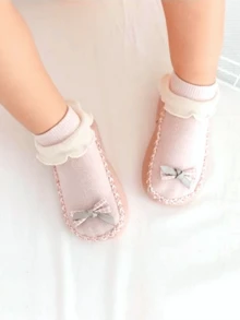 纯色蝴蝶结女宝宝儿童学步鞋，冬季保暖地板袜步行鞋软底儿童步行鞋，室内地板鞋学步鞋