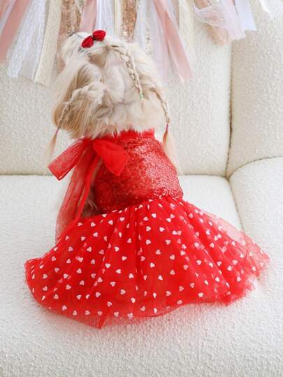 1pc Sequin Mesh Tie-Up Heart Decor Dress, Suitable For Pets (Cats/Dogs) To Wear On Occasions Like Valentine's Day, Wedding, Party In All Seasons