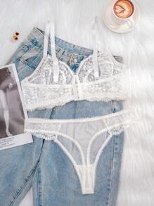 1 set Soutien-gorge et culotte en dentelle blanche confortable et sexy pour femmes en grande taille