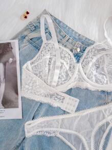 1 set Soutien-gorge et culotte en dentelle blanche confortable et sexy pour femmes en grande taille