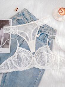1 set Soutien-gorge et culotte en dentelle blanche confortable et sexy pour femmes en grande taille