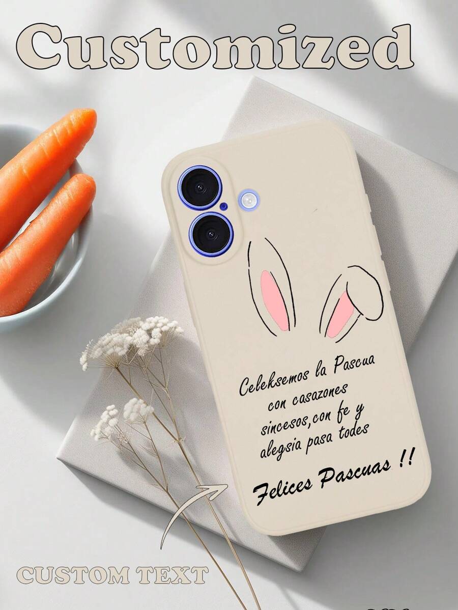 1pc Customizable Cute Bunny Ear Phone Case With Easter Blessing Text, Compatible With Iphone 16 15 14 13 12 Pro Max/Plus