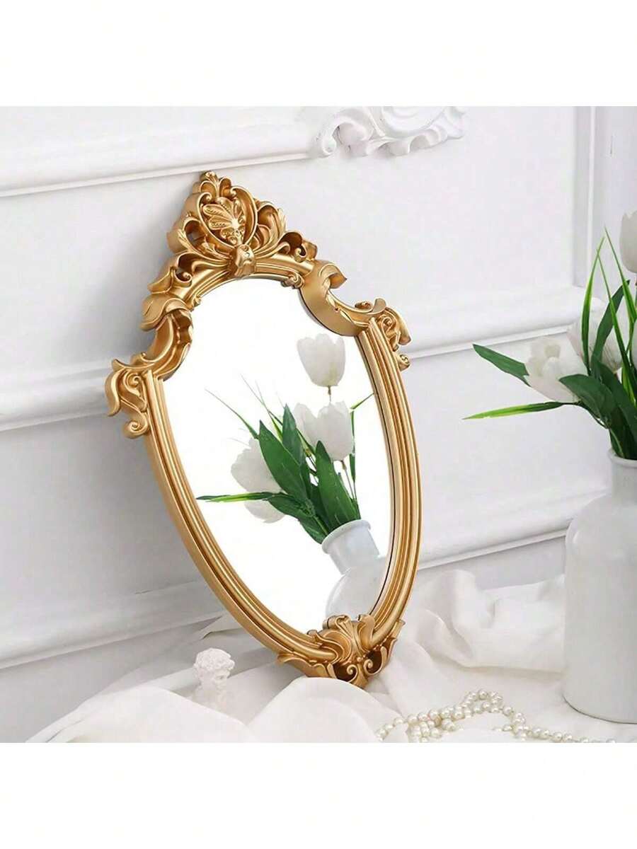 1pc Vintage Palace Wall Mirror Decor, Embossed Home Decoration Mirror, Tabletop Beauty Makeup Mirror, Bathroom Mirror Gifts Birthday Graduation