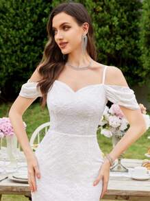 MIUSOL 白色花朵蕾丝露肩鱼尾下摆婚礼派对修身长裙，新娘