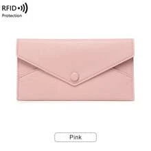 Monedero antirrobo RFID para mujer, estampado de lichi, cuero suave, billetera larga tipo sobre, bolso de mano sencillo ultrafino, portátil - Rosa - Ver 4