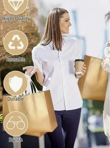 5pcs Reusable Gold Color Glossy Handle Shopping Tote Bag, Large Gift Bag For Weddings, Birthdays, Parties, Made Of Non-Woven Fabric