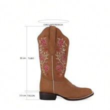 Botas Vaqueras para Mujer con Bordado Floral de Media Pantorrilla, Comodas en Piel de Res Autentica - Miel - Ver 8