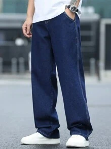 Men's Classic Solid Blue Loose Fit Jeans