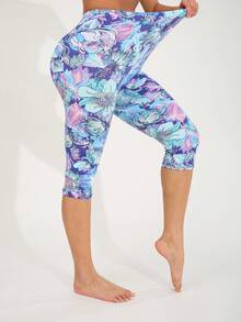 女士蓝色花卉印花紧身裤，弹力紧身裤，适合休闲、健身、锻炼、跑步、举重、瑜伽、居家室内、户外活动、海滩派对，七分之一长度，适合散步、购物 - 淺藍色 - 查看 5