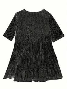 Plus Size Women Solid Color Sequin Embellished Round Neck Loose Fit Babydoll Dress - Black - View 2