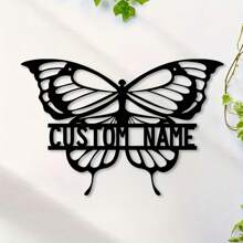 Cartel decorativo de silueta de mariposa de metal personalizable - 1 pieza Placa decorativa de hierro contemporánea para interiores y exteriores, Arte personalizado con el apellido familiar, Colgante de pared, Multiusos, Ideal para la decoración del hogar, Regalo único para vacaciones (Navidad, Halloween, Acción de Gracias) sin necesidad de electricidad - Negro - Ver 5