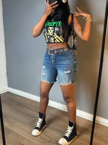 Women's Summer Casual Single Breasted Mid Waist Denim Shorts With Stretch And Distressed Linen Denim Shorts (Without Waistband) - 淺色水洗藍 - 查看 4