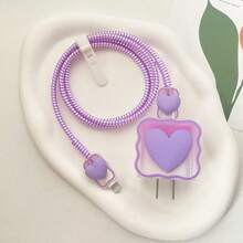 5pcs Purple Heart Protective Sleeve Coiled Cord Compatible With IPhone 18W/20W Fast Charger Soft Case, Ideal Gift Compatible With IPhone 16/15/14/13 Charger Protector - Purple - View 5