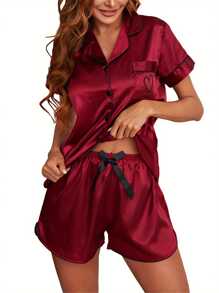 Womens Satin Pajama Set Summer Short Sleeve Heart Embroidery Button Shirt + Shorts Set Loungewear