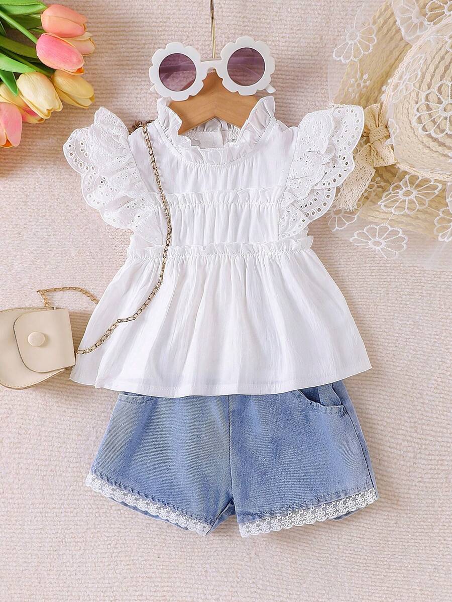2pcs Baby Girl Floral Lace Hollow-Out Short Sleeve Blouse & Denim Shorts Set, Spring/Summer - White - View 1