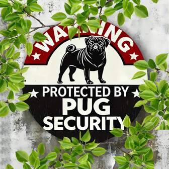1pc Metal Warning Sign "Protected By Pug Security" - Vintage Style Round Metal Plate, Suitable For Home, Kitchen, Garden, Porch Decor | Seasonal Autumn Wall Art | Unique Gift For Bedroom, Office, Living Room, Cafe, Bar | Wall And Dorm Decor - 7.8 Inches