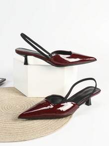 Fall/Winter Women's 4cm Small Kitten Heel Closed Toe High Heels, Burgundy Party Dress Pumps, Slip On Pointed Toe Narrow Heel Sandals With Elastic Band,Elegant