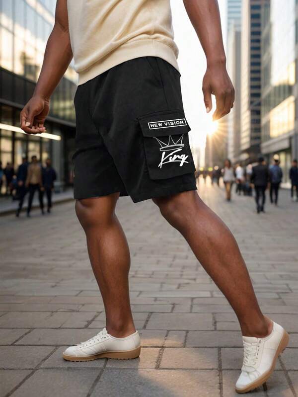 Men's Casual Shorts - Cargo Shorts With Multiple Pockets, Baggy Shorts For Summer, Beach Vacation, Elastic Waistband With Drawstring, 4 Pockets, Street Sports Pants, Crown "King" Print Pattern, Black