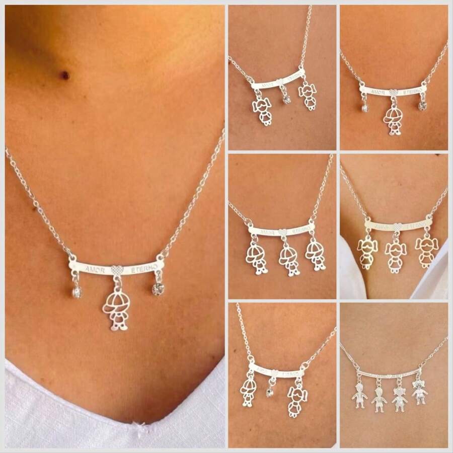 Necklace Children Couple Boy Girl Three Four Sons Daughters Boys Girls 925 Silver Plated - Bạc - Xem 1