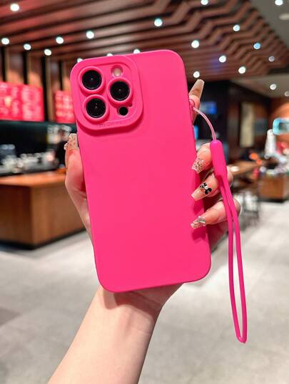 Ốp lưng điện thoại màu hồng 1 chiếc TPU màu trơn chống rơi bảo vệ camera có dây đeo cổ tay, thích hợp cho ốp lưng điện thoại di động sáng tạo chống nước chống sốc chống trầy xước