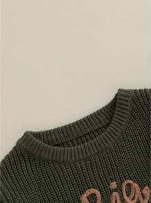Toddler Baby Girl Boy Long Sleeve Knit Sweater Brothers Letter Embroidery Round Neck Pullover Fall Winter Tops - 軍綠色 - 查看 5