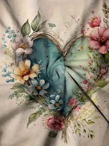 花卉和心形印花圆领 T 恤，女士休闲短袖 T 恤，春夏 - 杏色 - 查看 3