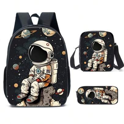 Three Pieces Astronaut Pattern Student Backpack, Lightweight Outdoor Leisure Backpack For Boys, Three Pieces Combination Of School Bag, Crossbody Bag, And Pencil