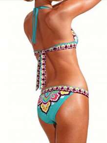 Womens  Printing 2Pcs Bikini Suit, Deep V-Neck Backless Lace-Up Halter Tops With Triangle Bottoms - Blue - View 2