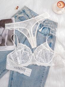 1 set Soutien-gorge et culotte en dentelle blanche confortable et sexy pour femmes en grande taille
