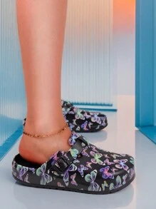 pueenb Sandales mode femme confortables avec semelle épaisse - légères, élégantes pour toute la journée, imprimé papillon, design à enfiler facile avec semelle intérieure douce et sangle réglable, convient pour les activités casual, le travail ou les loisirs, intérieur et extérieur, tenues de plage - Noir - Voir 3
