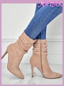 女士秋冬尖头褶皱侧拉链时尚高跟靴，仿鹿皮材质，10厘米优雅户外修身小腿靴，派对靴 - 卡其色 - 查看 7