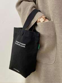 Sac à main mode minimaliste pour femmes, sac fourre-tout en canevas décontracté et petit, sac carré léger et pliable avec design graphique en lettres noires, peut contenir des clés, une bouteille d'eau, un téléphone et des articles personnels, convient pour les voyages et les promenades avec des animaux de compagnie